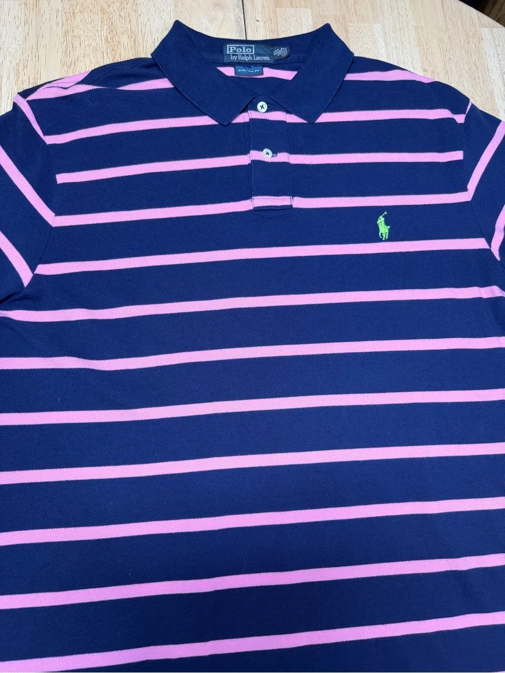 Polo Ralph Lauren Vintage 90s Navy Pink Striped Polo Shirt Embroidered Pony XL